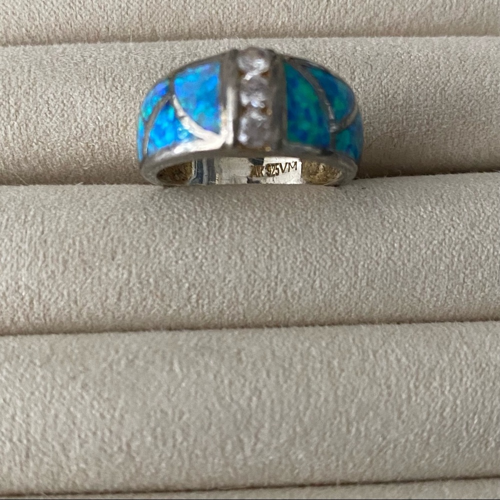 Vintage 925 Sterling Silver Blue Fire Opal Ring - Picture 6 of 12
